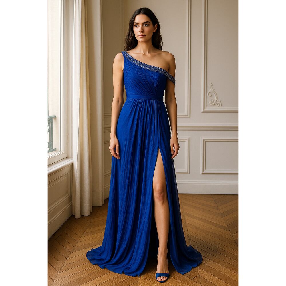 Mac Duggal Royal Blue Beaded Gown 16W‎  Pleated Bodice  Front Slit Evening Dress